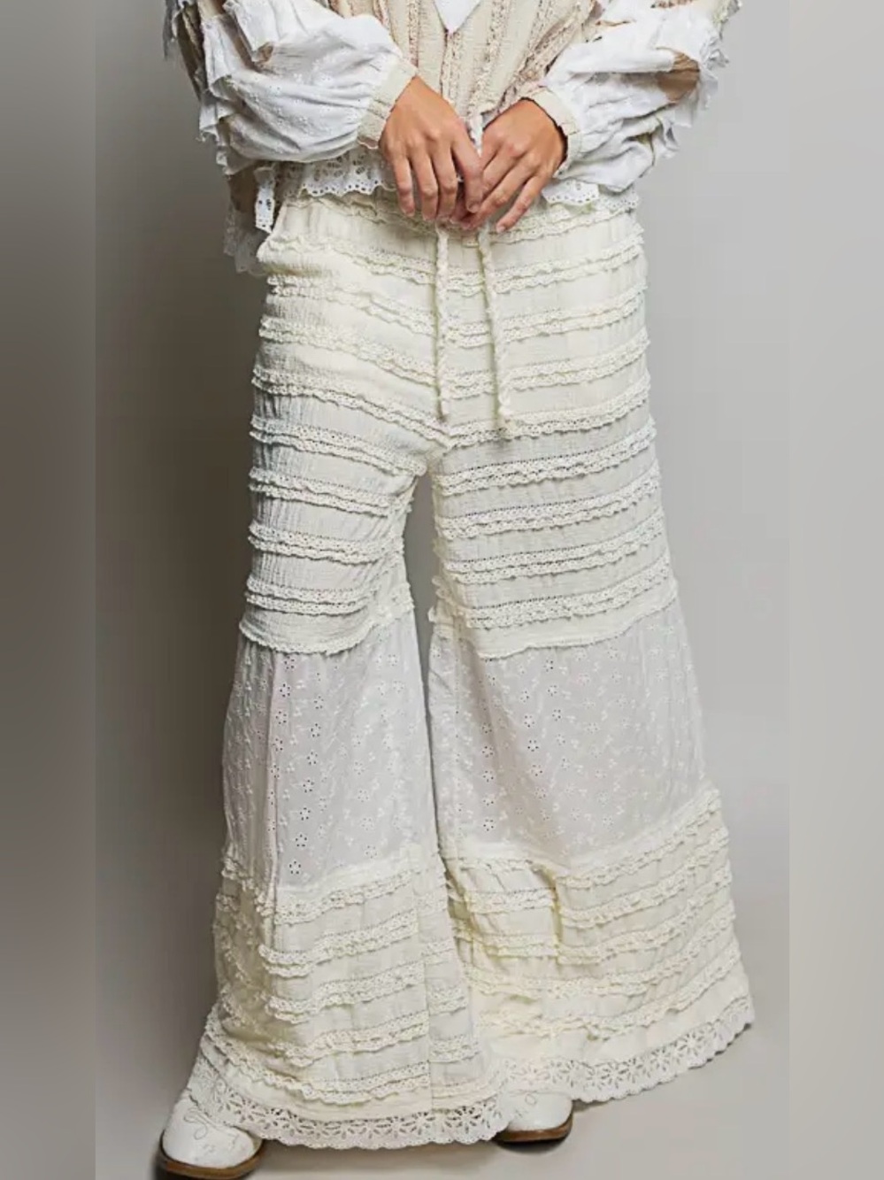 NEW Curated POL SET : Romantic Pink Floral Lace Ruffle Top & Cream Lace Pant - Picture 9 of 9